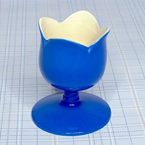 Vintage Retro Porcelain Egg Cup Holder Blue Tulip Lotus Shaped
